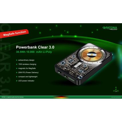 PATONA - Virtapankki 10000mAh Li-Pol-PD20W MagSafe USB-C ja Qi-lataus