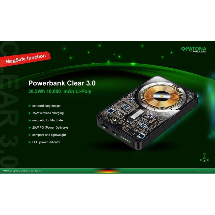 PATONA - Virtapankki 10000mAh Li-Pol-PD20W MagSafe USB-C ja Qi-lataus