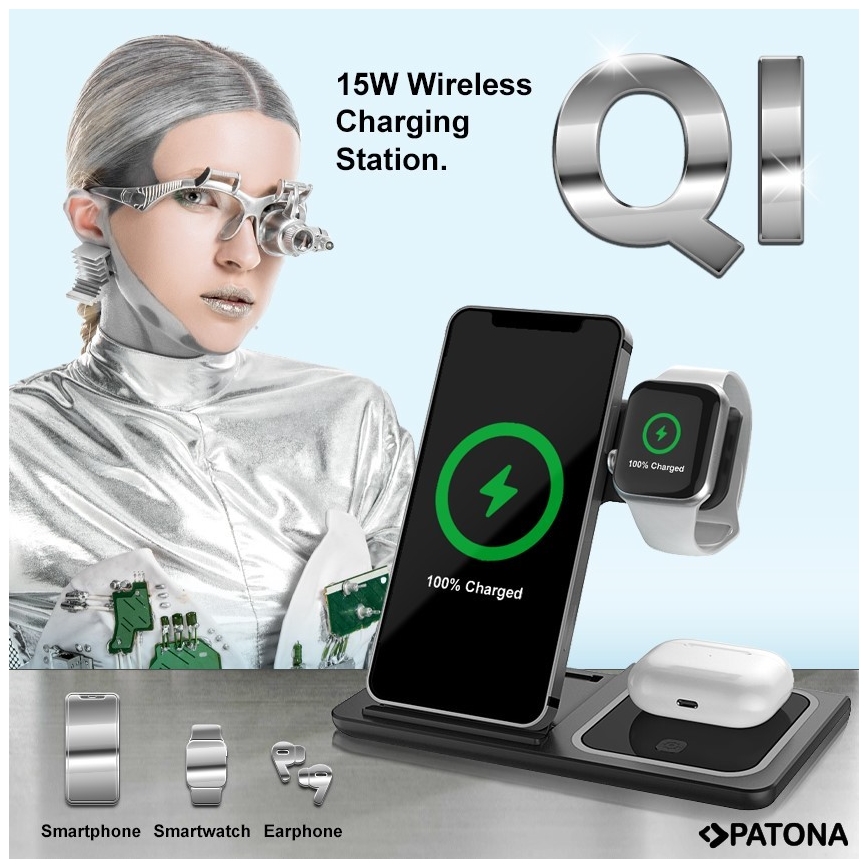 PATONA - Langaton laturi 3in1 iPhonelle musta