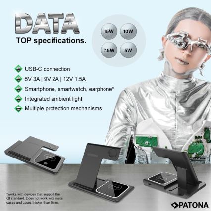 PATONA - Langaton laturi 3in1 iPhonelle musta