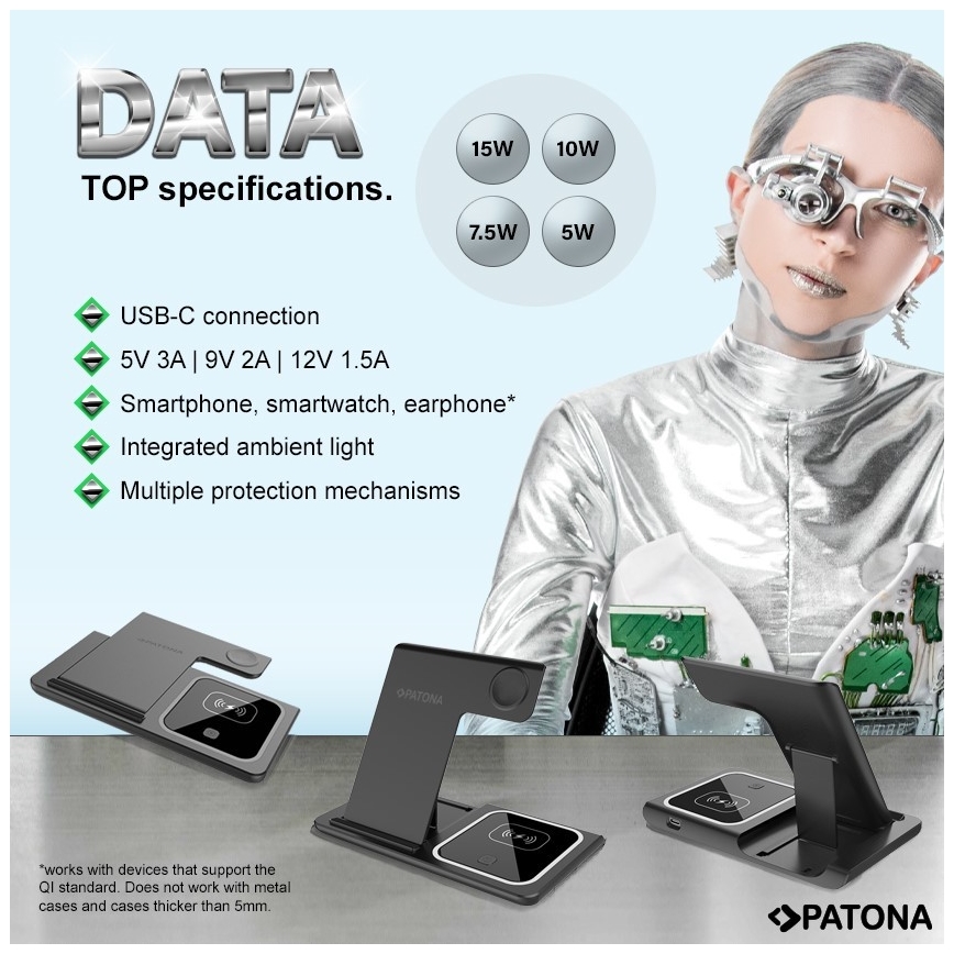 PATONA - Langaton laturi 3in1 iPhonelle musta