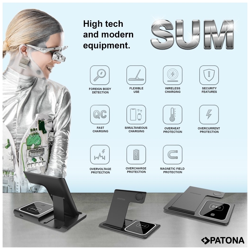 PATONA - Langaton laturi 3in1 iPhonelle musta