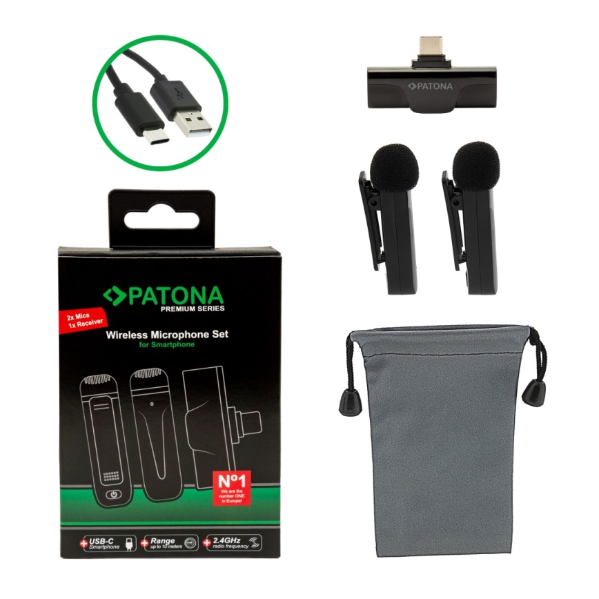 PATONA - SETTI 2x Langaton mikrofoni älypuhelimille USB-C 5V 50 mAh