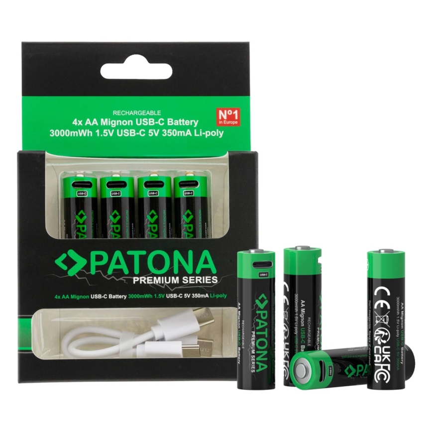 PATONA - SETTI 4x Akku AA/LR6 Li-Pol 2000mAh 1,5Vs kanssa USB-C lataus