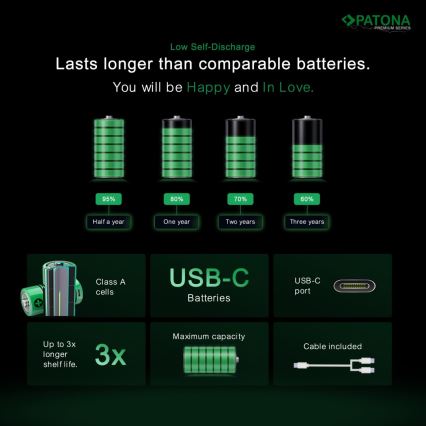 PATONA - SETTI 4x Akku AA/LR6 Li-Pol 2000mAh 1,5Vs kanssa USB-C lataus