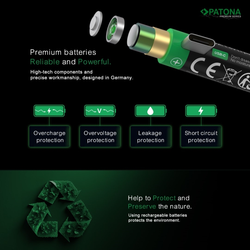 PATONA - SETTI 4x Akku AAA/LR03 Li-Pol 500mAh 1,5V kanssa USB-C lataus
