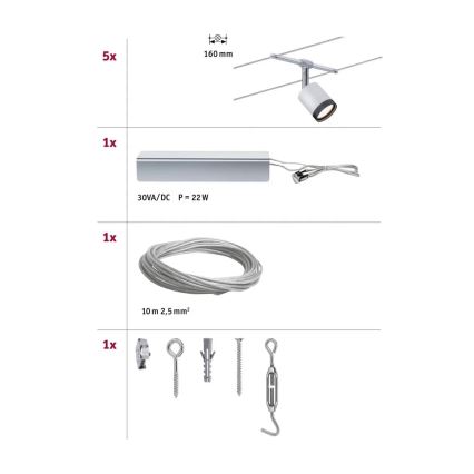 Paulmann 3981 - SETTI 5xLED/4W Täydellinen vaijerijärjestelmä TUBE 230V mattakromi/musta