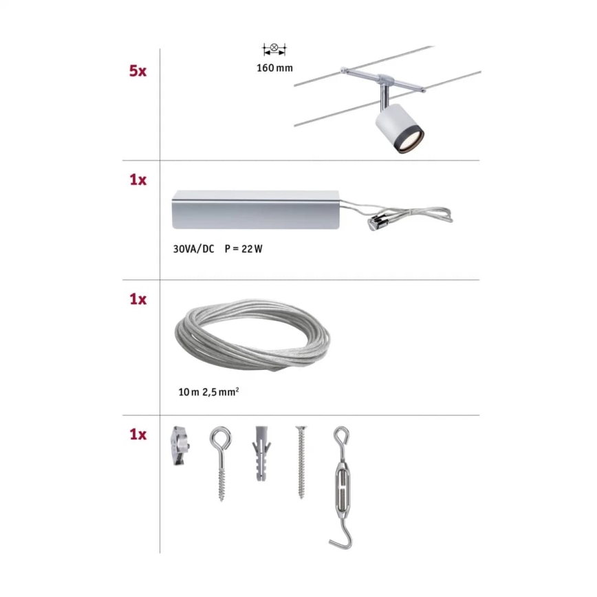 Paulmann 3981 - SETTI 5xLED/4W Täydellinen vaijerijärjestelmä TUBE 230V mattakromi/musta