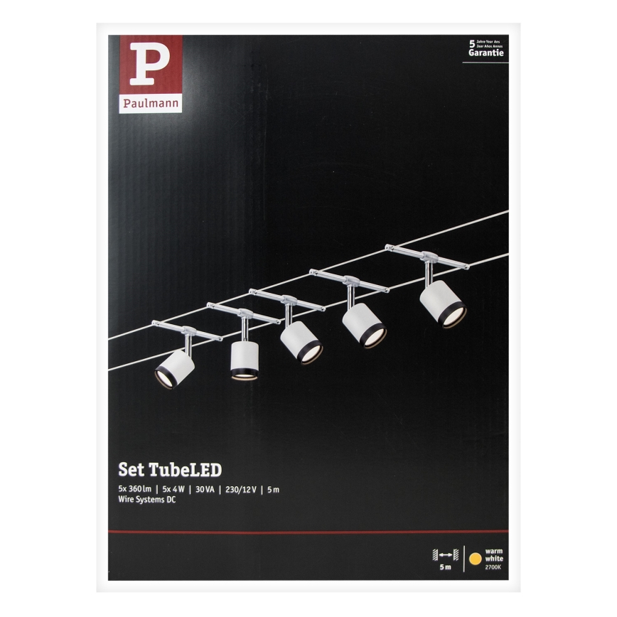 Paulmann 3981 - SETTI 5xLED/4W Täydellinen vaijerijärjestelmä TUBE 230V mattakromi/musta