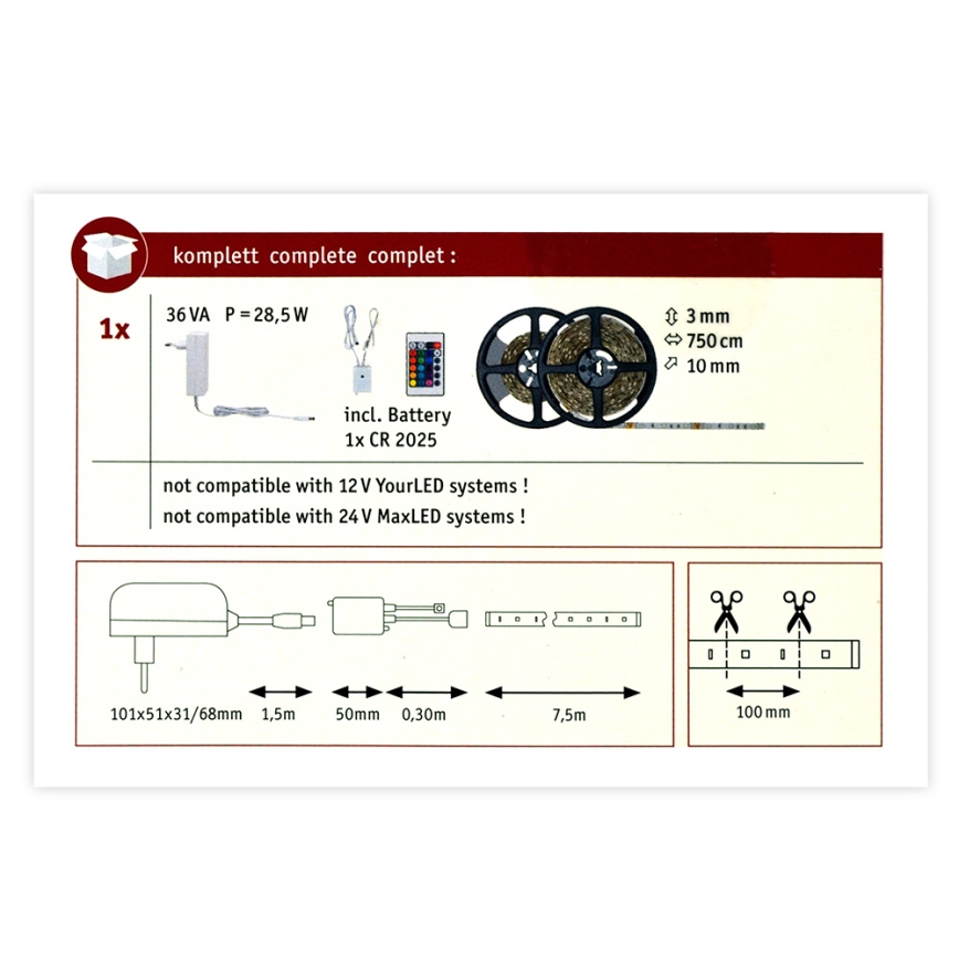 Paulmann 78979 - LED RGB / 26W himmennettävä nauha yksinkertainen 7,5m 230V + RC
