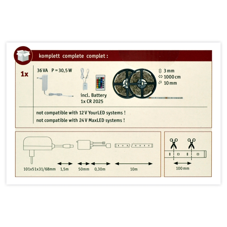 Paulmann 78980 - LED RGB / 28W himmennettävä nauha yksinkertainen 10m 230V + RC