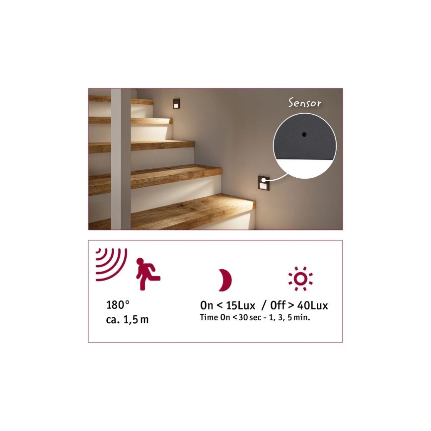 Paulmann 80002 - LED/1W Porrasvalaisin anturilla TSARO 230V Lyijy/valkoinen