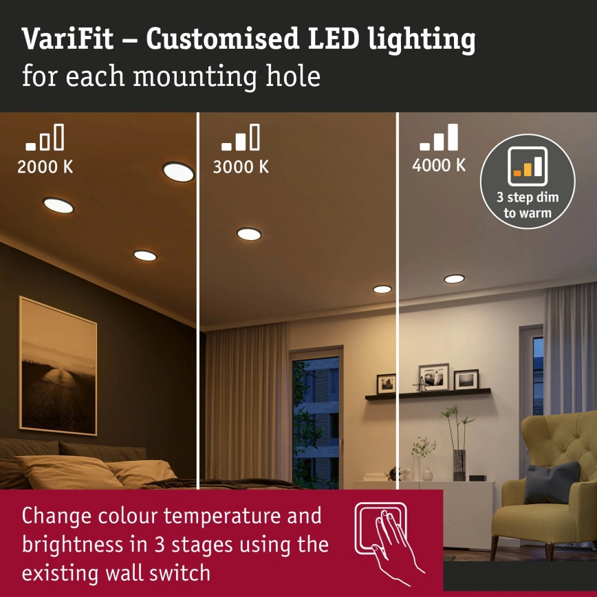Paulmann 93102 - LED 16 W IP44 himmennettävä kylpyhuoneen upotettava alasvalo AREO 230 V 2000/3000/4000 K halkaisija 23 cm musta