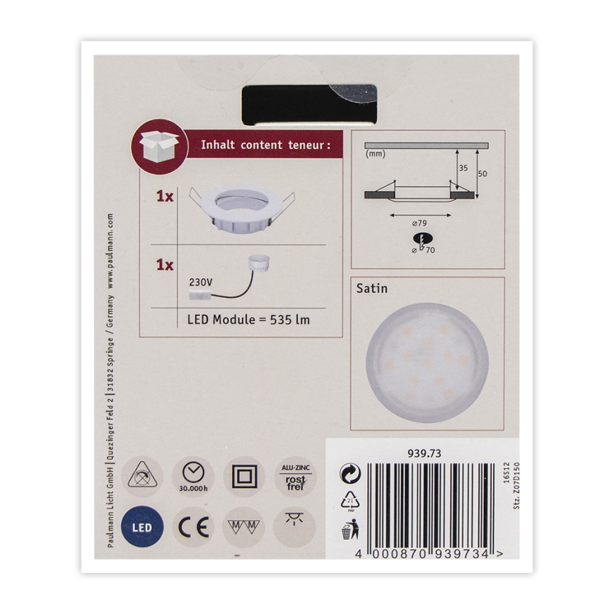 Paulmann 93973 - LED/6,8W IP44 Upotettava kylpyhuonevalo COIN 230V