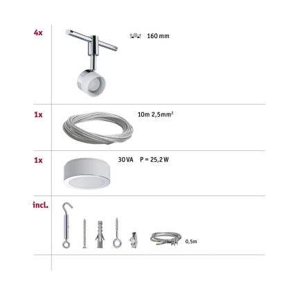 Paulmann 94080 - SETTI 4xLED/4,8W Täydellinen vaijerivalaisinjärjestelmä STAGE 230V kiiltävä kromi