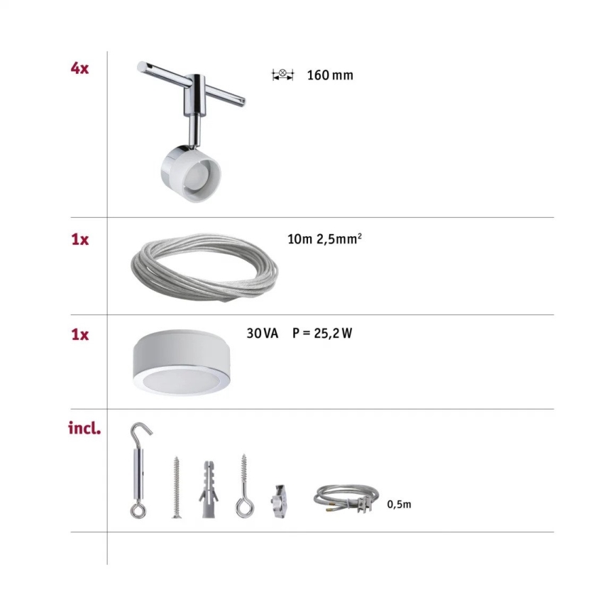 Paulmann 94080 - SETTI 4xLED/4,8W Täydellinen vaijerivalaisinjärjestelmä STAGE 230V kiiltävä kromi