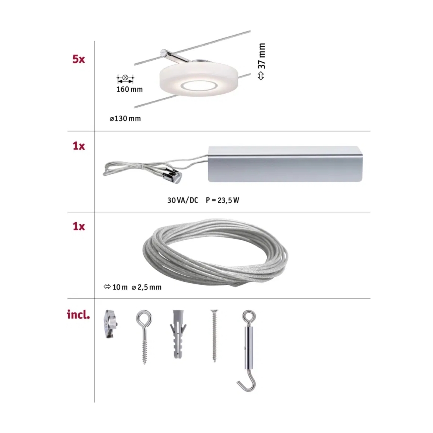 Paulmann 94109 - Sarja 5xLED/4,3W Täydellinen MAC-vaijerijärjestelmä 230V valkoinen
