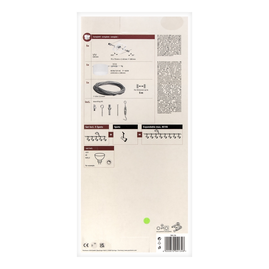 Paulmann 94134 - SARJA 5xGU5,3/10W Kohdevalaisin lankajärjestelmään MAC 230V valkoinen