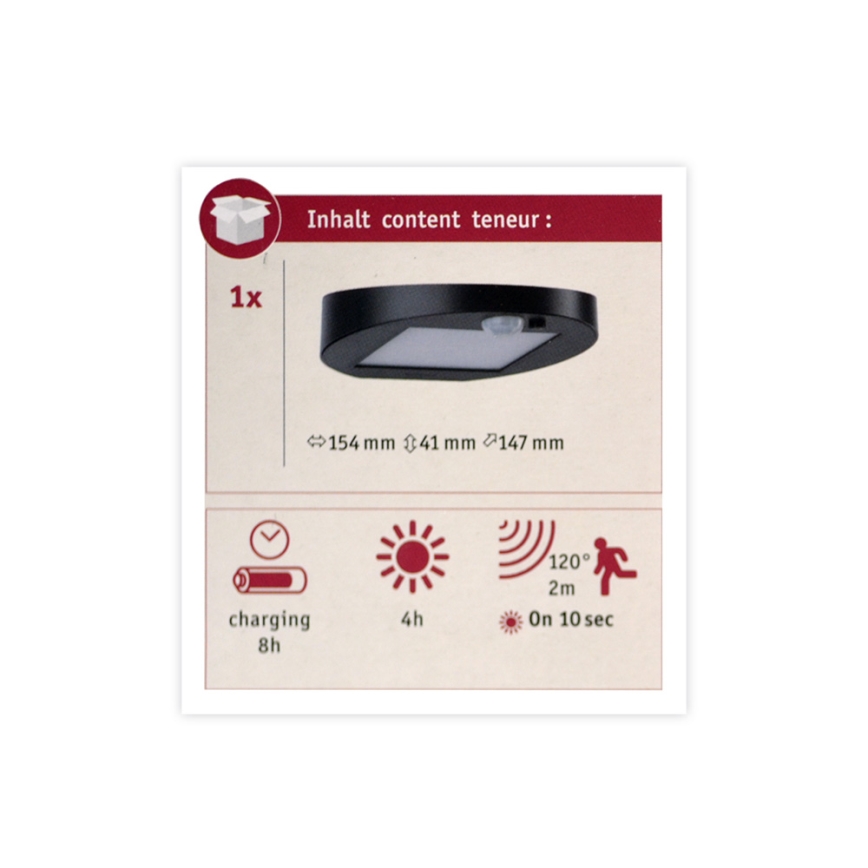 Paulmann 94246 - LED/1,2W IP44 Ulkokäyttöön tarkoitettu aurinkokennovalo liiketunnistimella RYSE 3,7V 1800 mAh