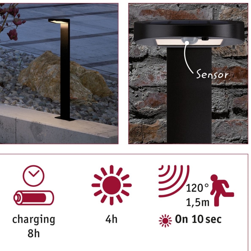 Paulmann 94249 - LED/1,2W IP44 Ulkokäyttöön tarkoitettu aurinkokennovalo liiketunnistimella RYSE 3,7V 1800 mAh