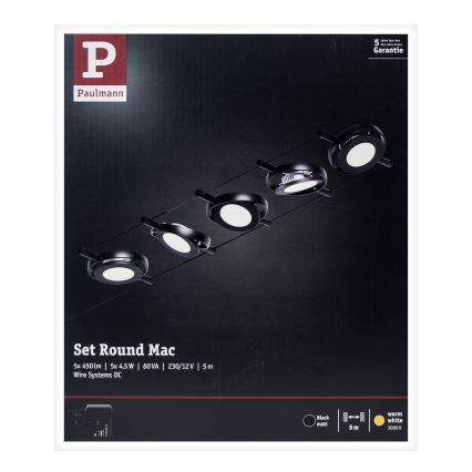 Paulmann 94418 - SETTI 5xLED/4,5W Täydellinen ROUNDMAC-vaijerijärjestelmä 230V musta