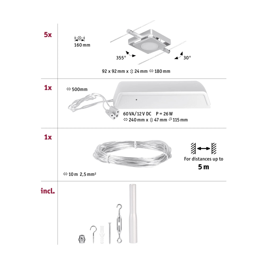 Paulmann 94420 - SARJA 5xLED/4,5W Täydellinen kaapelivalosysteemi MAC 230V mattakromi
