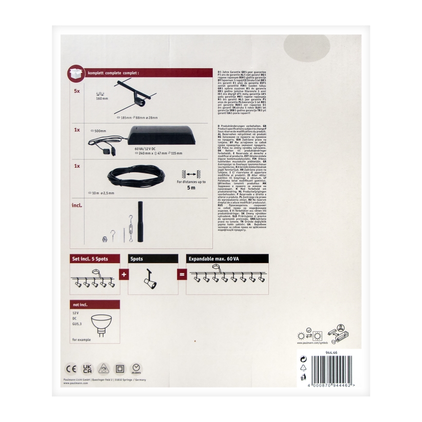 Paulmann 94446 - SARJA 5xGU5,3/10W Kohdevalaisin lankajärjestelmään SALT 230V musta