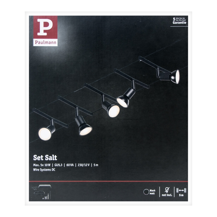Paulmann 94446 - Setti 5×GU5,3/10W – Täydellinen SALT-vaijerijärjestelmä 230 V, musta