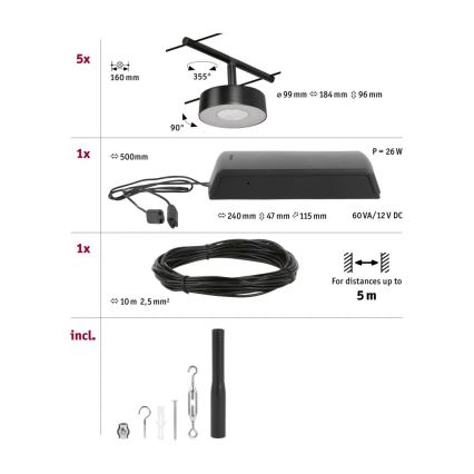 Paulmann 94479 - SETTI 5xLED/5W Täydellinen vaijerisysteemi CIRCLE 230V musta