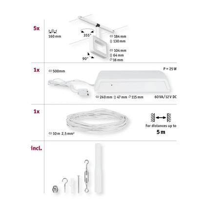 Paulmann 94483 - SETTI 5xLED/4,8 W Täydellinen FRAME-vaijerivalojärjestelmä 230 V valkoinen