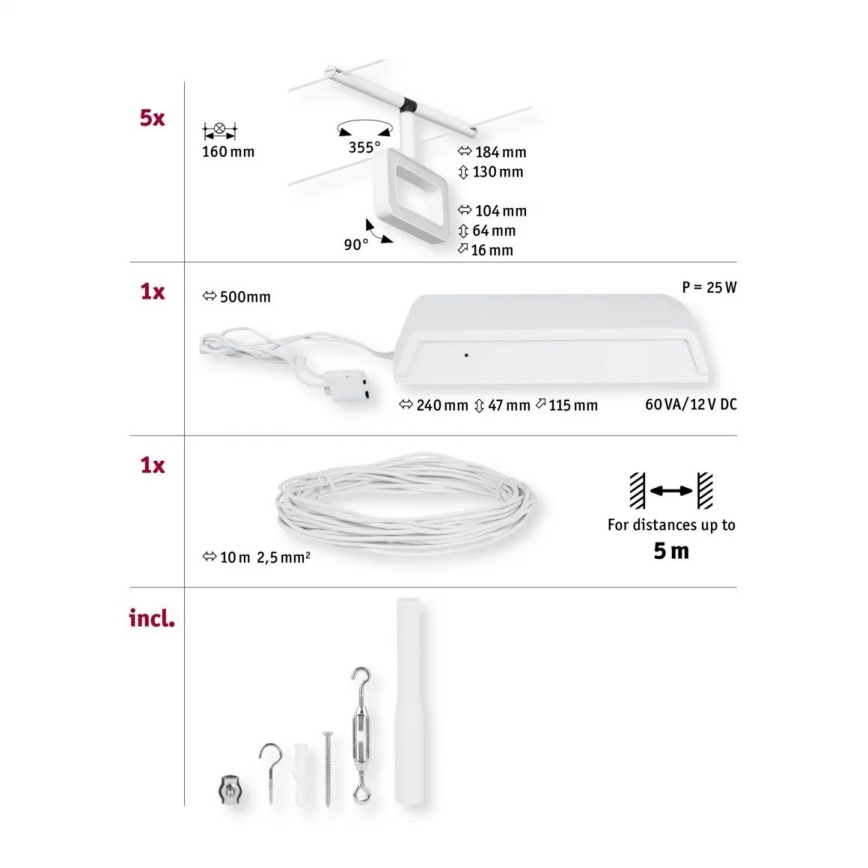 Paulmann 94483 - SETTI 5xLED/4,8 W Täydellinen FRAME-vaijerivalojärjestelmä 230 V valkoinen
