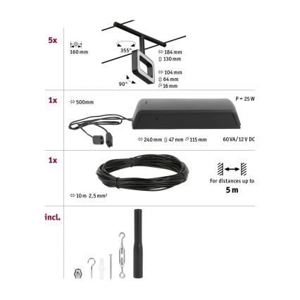 Paulmann 94485 - SETTI 5xLED/4,8W Täydellinen vaijerisysteemi FRAME 230V musta