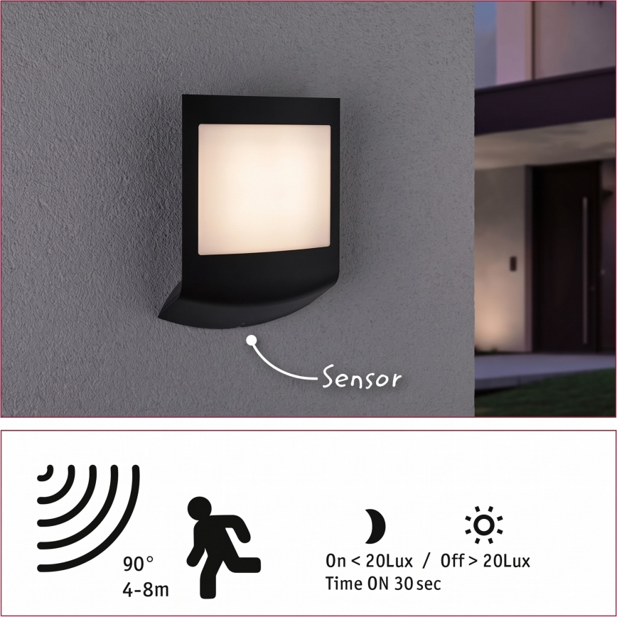 Paulmann 94513 - RGBW LED/8,2W IP44 Himmennettävä ulkoseinävalaisin liike- ja hämäräanturilla PADEA 230V antrasiitti