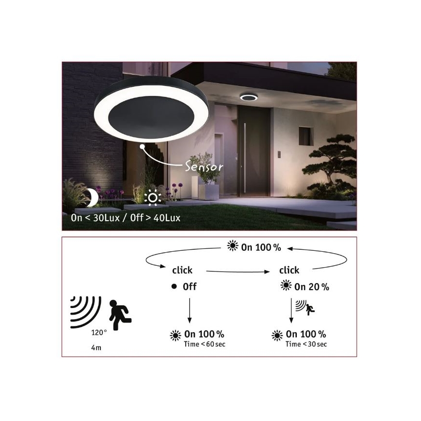 Paulmann 94526 - LED/14W IP44 Ulkokattovalo anturilla CIRCULA 230V
