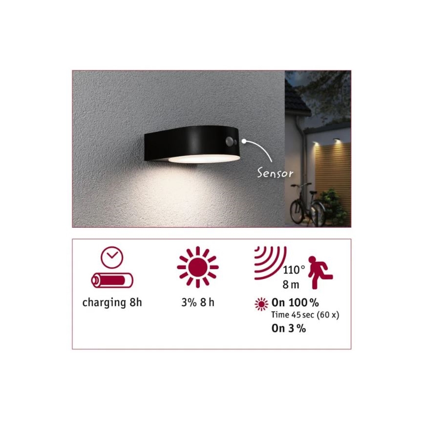 Paulmann 94570 - LED/5,5W IP44 Aurinkokäyttöinen seinävalaisin liiketunnistimella EILEEN 3,7V 2000 mAh