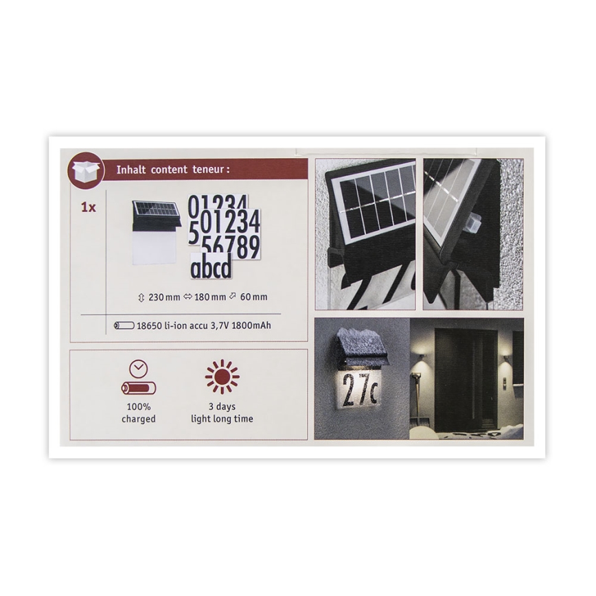 Paulmann 94694 - LED/0,2W IP44 Aurinkokäyttöinen talonumero NEDA 3,7V 1800 mAh