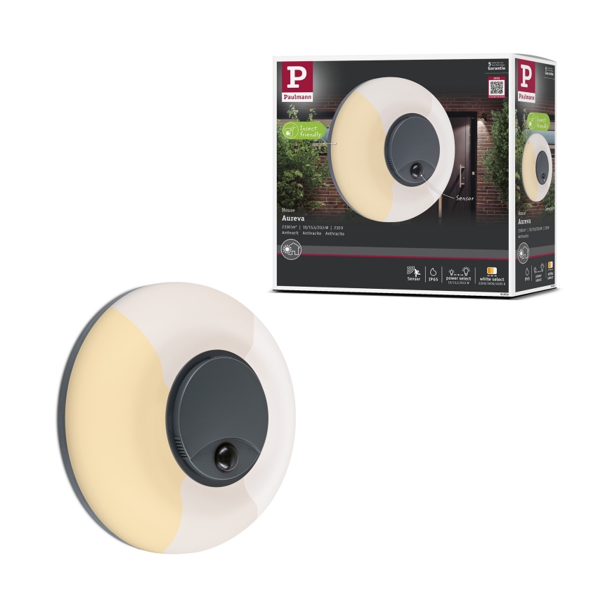 Paulmann 94956 - LED/20,5W IP65 Himmennettävä ulkoseinävalaisin liike- ja hämärätunnistimella AUREVA 230V 2200/3000/4000K antrasiitti