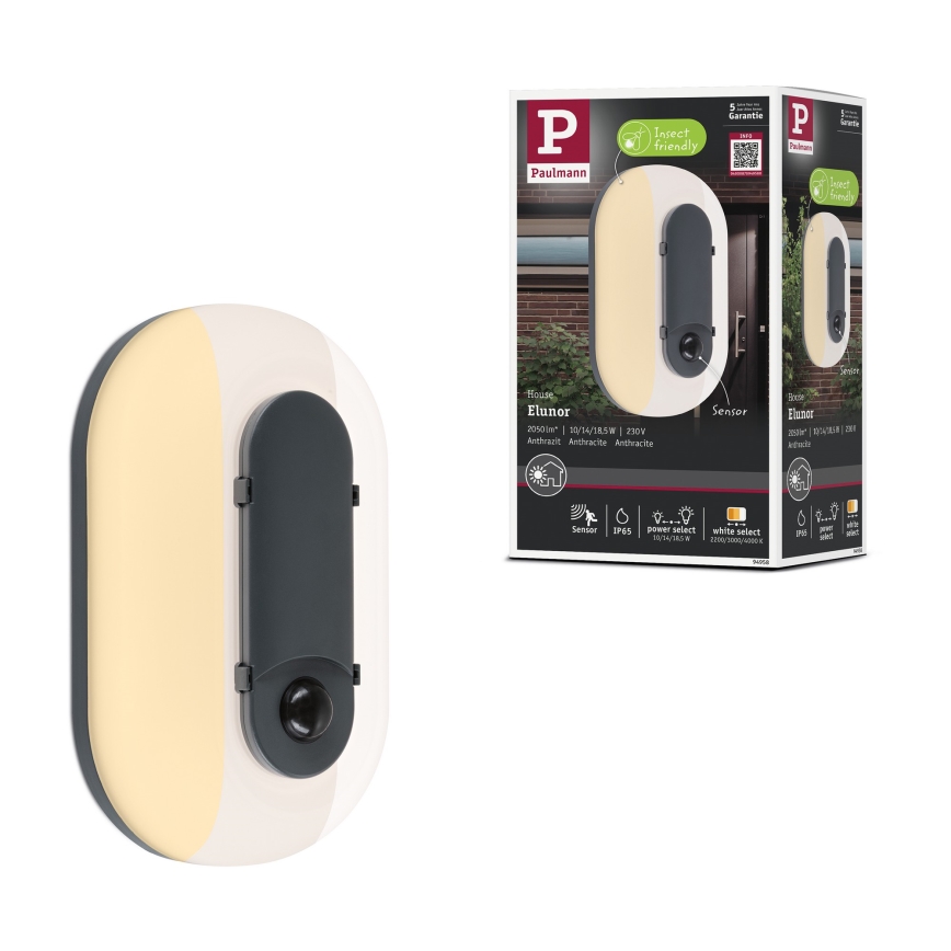 Paulmann 94957 - LED/18,5W IP65 Himmennettävä ulkoseinävalaisin ELUNOR 230V 2200/3000/4000K antrasiitti