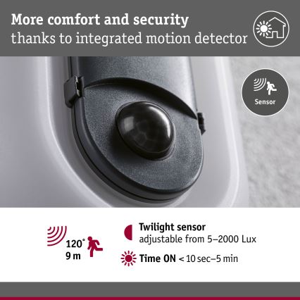 Paulmann 94958 - LED/18,5W IP65 Himmennettävä ulkoseinävalaisin liiketunnistimella ja hämäräkytkimellä ELUNOR 230V 2200/3000/4000K antrasiitti