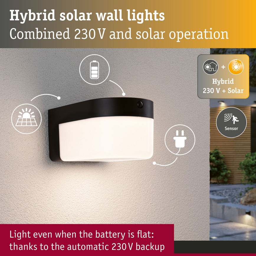 Paulmann 95747 - LED/2,3W IP44 Aurinkokennolla varustettu seinävalaisin anturilla CALYNE 3,7/230V 4000 mAh musta