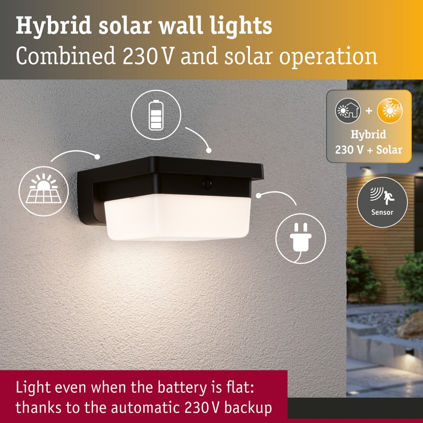 Paulmann 95748 - LED/2,3W IP44 aurinkokäyttöinen seinävalaisin anturilla ISLEEN 3,7/230V 4000 mAh musta