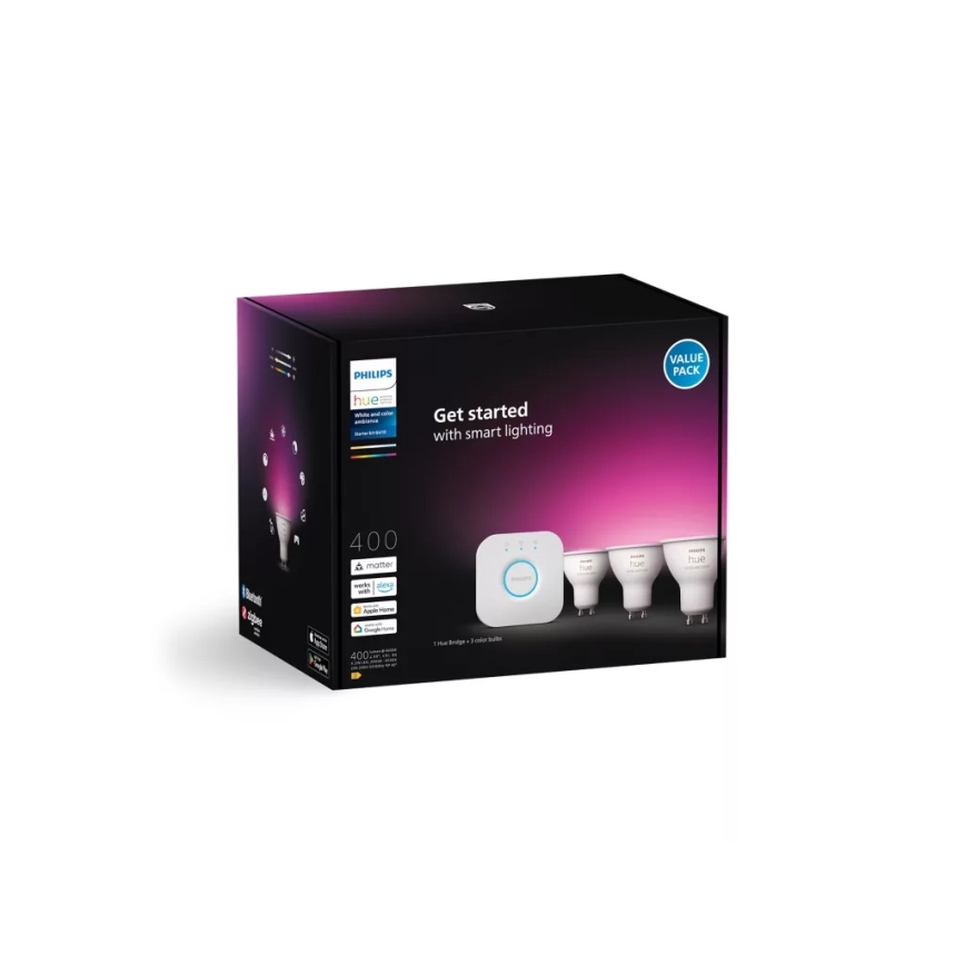 Aloituspaketti Philips Hue WHITE AND COLOR AMBIANCE 3xGU10/4,2W/230V 2200-6500K + Hue bridge