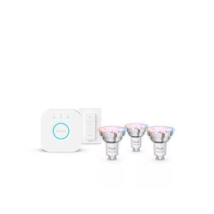 Philips Hue White and Color Ambiance Essential - aloituspaketti (3 × GU10, 4,7 W, 230 V, 2200–6500 K) + Hue Bridge