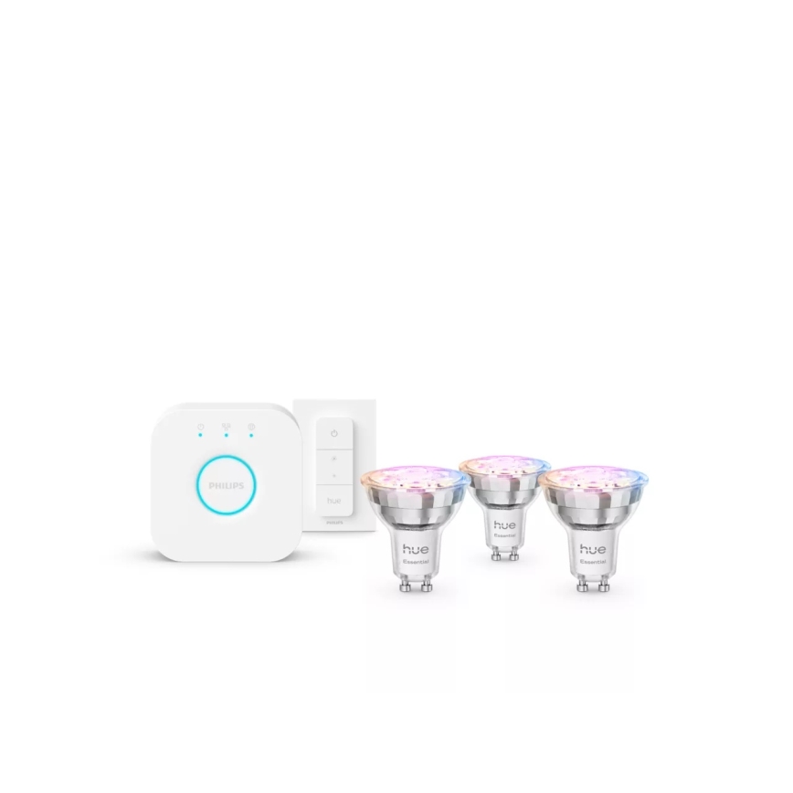 Philips Hue White and Color Ambiance Essential - aloituspaketti (3 × GU10, 4,7 W, 230 V, 2200–6500 K) + Hue Bridge