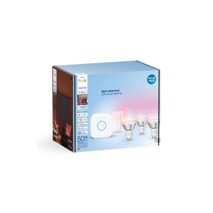 Philips Hue White and Color Ambiance Essential - aloituspaketti (3 × GU10, 4,7 W, 230 V, 2200–6500 K) + Hue Bridge