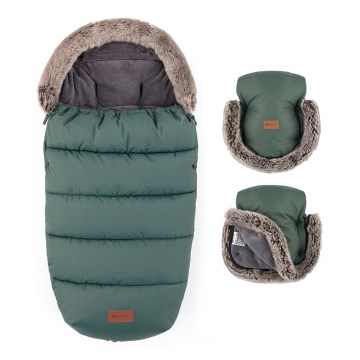 PETITE&MARS - SETTI Vaunupussi 4-in-1 COMFY + työntöaisan lämpökäsineet FURRY Khaki