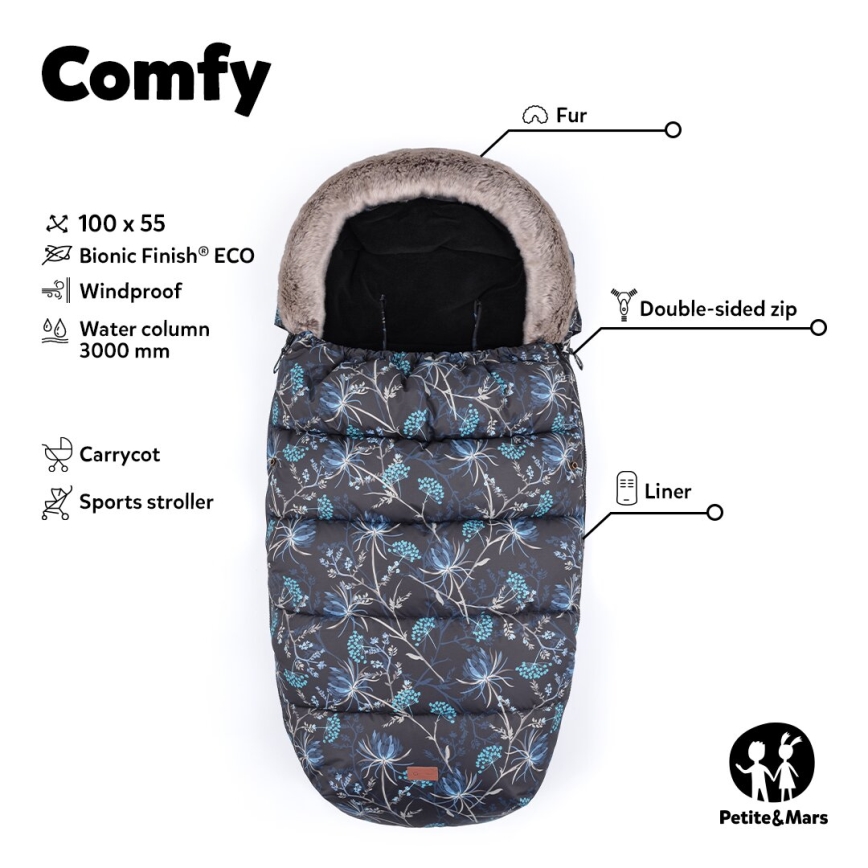 PETITE&MARS - SETTI Vaunupussi 4-in-1 COMFY + työntöaisan lämpökäsineet FURRY Khaki