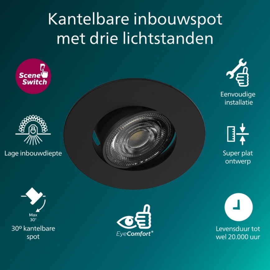 Philips - 3 kpl himmennettäviä upotettavia CILANTRO-alasvalaisimia LED/5W/230V 4000K musta