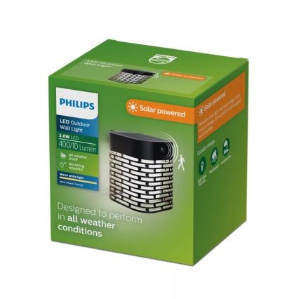 Philips - HARA LED aurinkokäyttöinen seinävalaisin liiketunnistimella, 3,8 W / 3,7 V, 800 mAh, 2700 K, IP44, musta