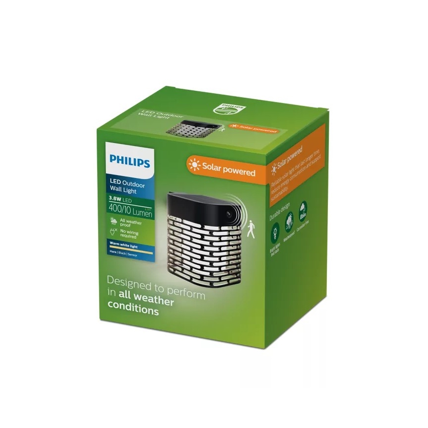 Philips - HARA LED aurinkokäyttöinen seinävalaisin liiketunnistimella, 3,8 W / 3,7 V, 800 mAh, 2700 K, IP44, musta